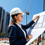 로얄매치 공식 페이스북 활용 - **

A professional female architect, fully clothed in a modest pantsuit, reviewing blueprints on a c...